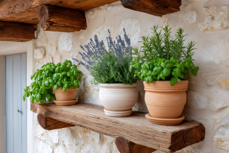 Basil, lavender, and rosemary plants in terracotta pots decorating a stone wall during summerの素材