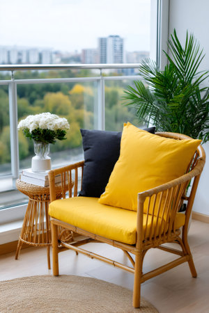 Cozy balcony lounge area featuring rattan chair with yellow cushion, flowers, and city skylineの素材