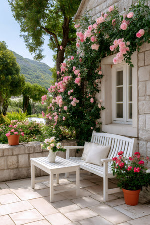 Patio garden with white bench, stone house, rose bushes, and green mountainsの素材