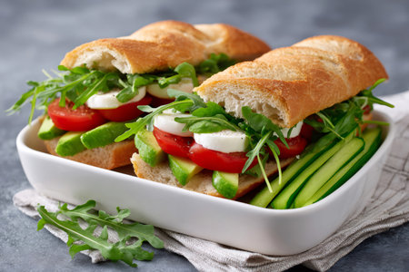 Baguette sandwiches filled with mozzarella, tomato, avocado, and arugula, offering a healthy vegetarian mealの素材