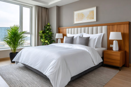 Bright modern bedroom interior showing a comfortable bed, bedside tables, and green houseplantsの素材