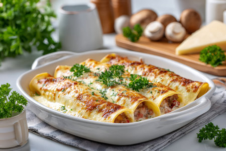 Cannelloni pasta with creamy filling and golden melted cheese, topped with fresh parsleyの素材