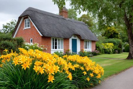 English cottage presenting a thatched roof and brick walls, surrounded by a vibrant garden of yellow dayliliesの素材