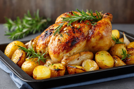 Roasted whole chicken with golden crispy skin, seasoned with rosemary and garlic, surrounded by baked potatoesの素材