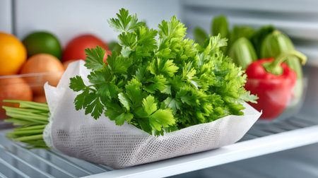 Vibrant parsley bunch stored in a reusable mesh bag inside a refrigerator with other produceの素材