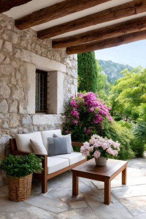 Outdoor patio featuring comfortable modern furniture, blooming bougainvillea, and lush plantsの素材