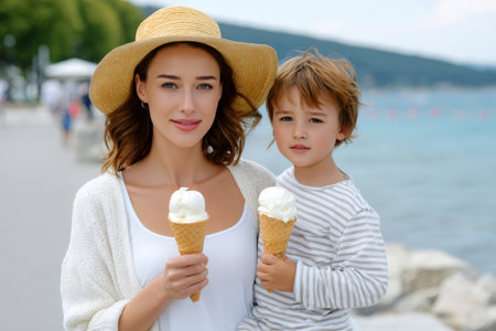 Mother and son holding ice cream cones, standing outdoors by the ocean on vacationの素材