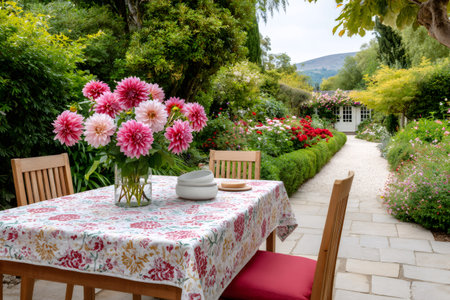 Garden patio with al fresco table setup, displaying dahlias in natural lightの素材
