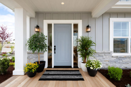 House producing curb appeal with landscaping and inviting contemporary entrywayの素材