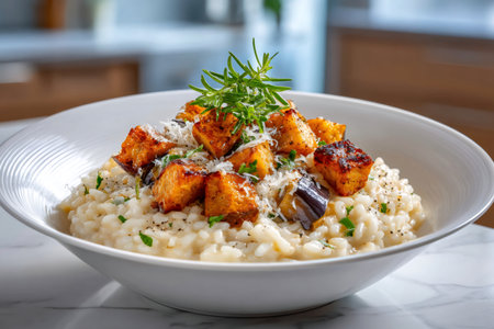 Creamy pumpkin risotto served in a white bowl, garnished with parmesan and fresh rosemaryの素材