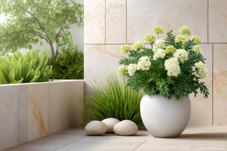 White flowering plant in a pot with smooth stones creating a tranquil patio gardenの素材