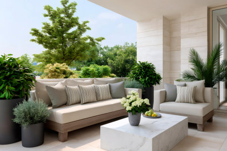 Contemporary patio lounge area offering comfort and elegance for outdoor relaxationの素材