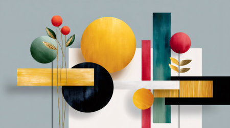 Abstract composition featuring textured geometric shapes and minimalistic flowers creating a modern art backgroundの素材