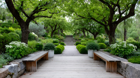 Lush green garden with a gravel pathway flanked by benches and leading to stone stepsの素材
