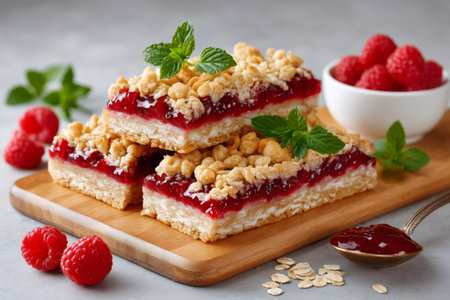 Stacked raspberry crumble bars on a wooden board with fresh raspberries and oatsの素材