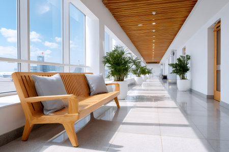 Modern airport waiting area with a comfortable bench, large windows, and sunlight illuminating the floorの素材