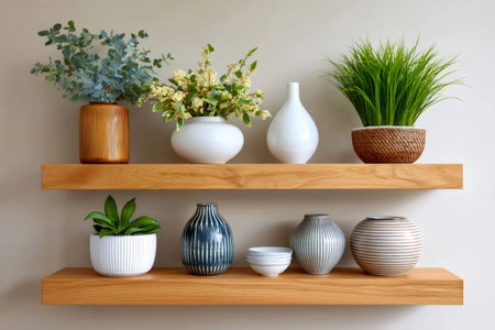 Ceramic pots and decorative plants arranged on floating wooden shelves in a modern interiorの素材