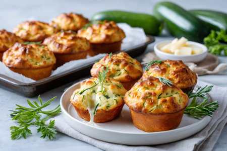 Freshly baked zucchini cheese muffins topped with rosemary on a plate with melted cheeseの素材