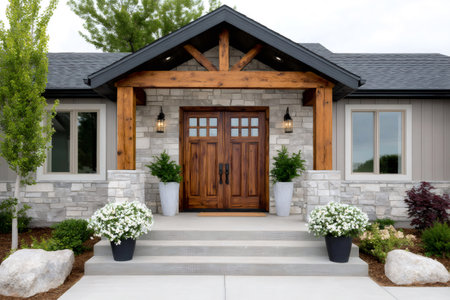 Modern house exterior featuring wooden door, stone facade, and concrete steps with plantersの素材
