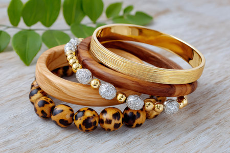 Jewelry stack displaying bracelets with natural wood, shiny gold, and spotted leopard print designsの素材