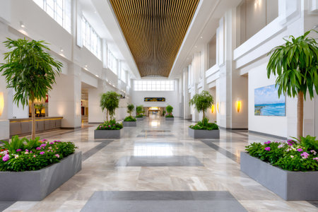 Wide empty airport hallway creating a spacious environment for travelの素材