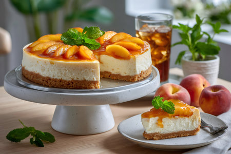 Creamy peach cheesecake decorated with fresh mint and peach slicesの素材