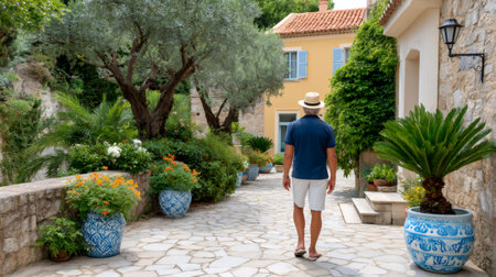 Man walking away on a picturesque paved street with flower pots and old buildingsの素材