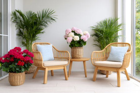 Relaxing patio space with wicker furniture and vibrant blossoming plantsの素材