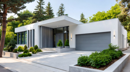 Contemporary residential building showcasing sleek architecture and landscaped front yardの素材