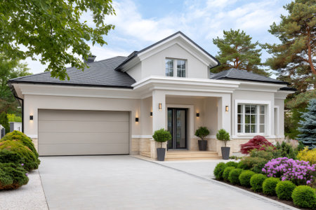 Contemporary residential home with a well-maintained garden and paved drivewayの素材