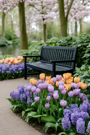 Park bench resting amidst vibrant spring flowers, offering a tranquil place for relaxationの素材