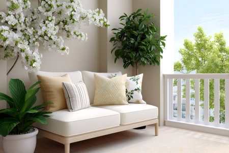 Cozy outdoor balcony featuring a sofa, decorative pillows, blooming white flowers, and lush green plantsの素材