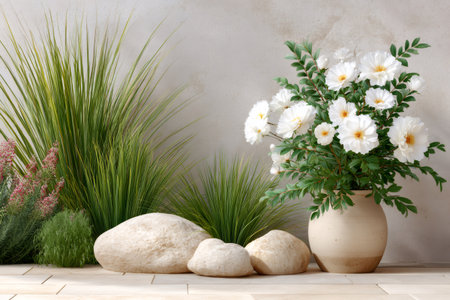 White flowers in a vase with green plants and stones creating a serene garden settingの素材