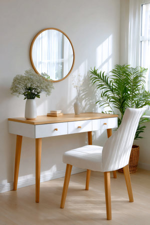 Dressing table with white drawers, wooden top, mirror, white chair, and plants in a bright roomの素材