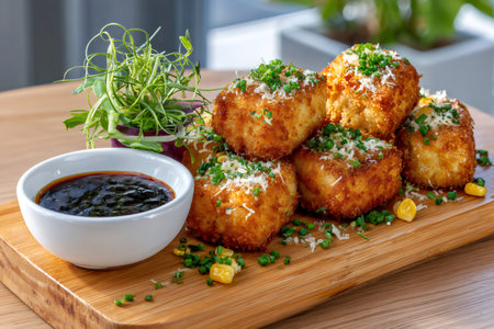 Fried cheese croquettes on a wooden board with sauce, corn, chives, and saladの素材