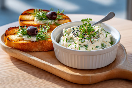 Cream cheese herb dip serving with grilled bread bruschetta and olives on a wooden boardの素材