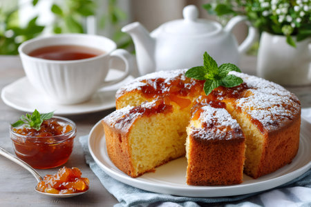 Sponge cake slice with apricot jam, powdered sugar, and mint, served with teaの素材