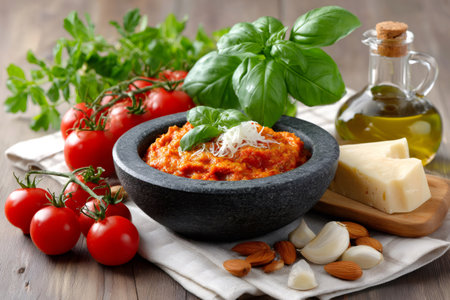 Red tomato pesto in a stone bowl with fresh basil, tomatoes, olive oil, almonds, garlic, and Parmesan cheeseの素材