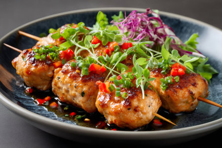 Chicken meatballs glazed with sauce and topped with herbs, served on skewers with fresh saladの素材