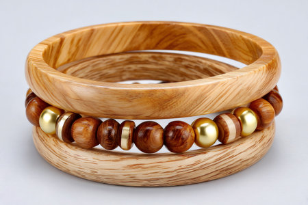 Wooden bangles and beaded bracelets featuring natural wood and gold-colored beads on a white backgroundの素材
