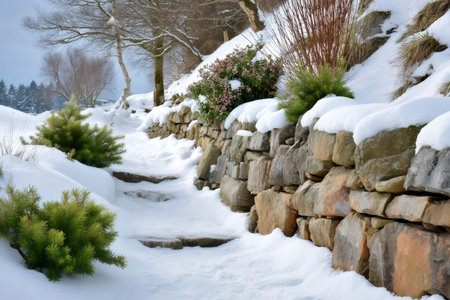 Snow covering a winding garden path with stone steps and wall during winterの素材