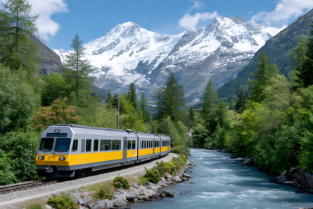 Passenger train moving along a river with snowy mountains in the backgroundの素材