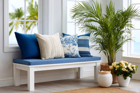 Bench with blue cushion and pillows reflecting a calming coastal living home decor styleの素材