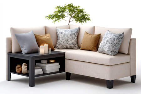 Cozy corner sofa featuring decorative pillows, candles on a side table, and a green treeの素材