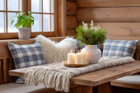 Candles burning, creating a cozy hygge atmosphere in a warm log cabin interiorの素材