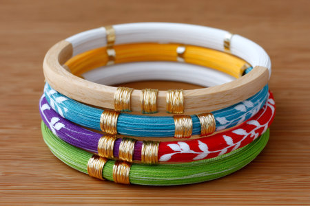 Stack of vibrant handmade bangles crafted from wood and colorful threads on a wooden surfaceの素材