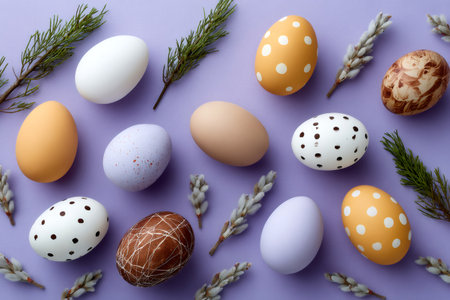 Decorated Easter eggs and spring elements on a pastel purple background creating a holiday patternの素材