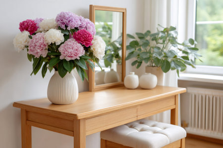 Peonies bouquet adorning a wooden vanity table with a mirror and houseplants by a windowの素材