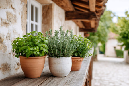 Fresh herbs growing in terracotta and stone pots on a wooden balcony railingの素材