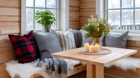 Log cabin style dining nook featuring comfortable cushions, a floral arrangement, and lit candles creating warmthの素材